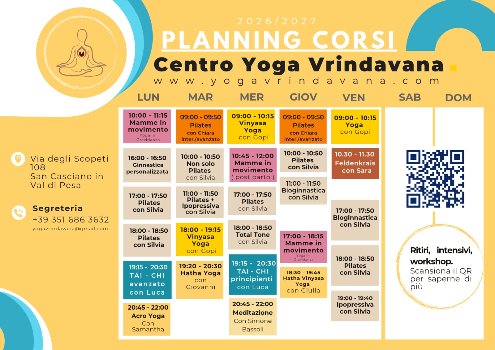 Planning settimanale dei corsi Yoga Vrindavana 2026–2027